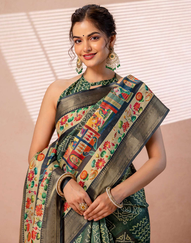 Dark Green Silk Woven Border Kalamkari Saree