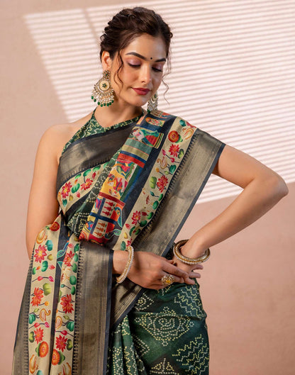 Dark Green Silk Woven Border Kalamkari Saree