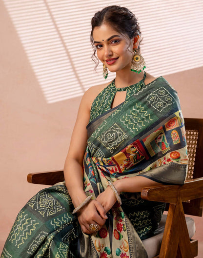 Dark Green Silk Woven Border Kalamkari Saree