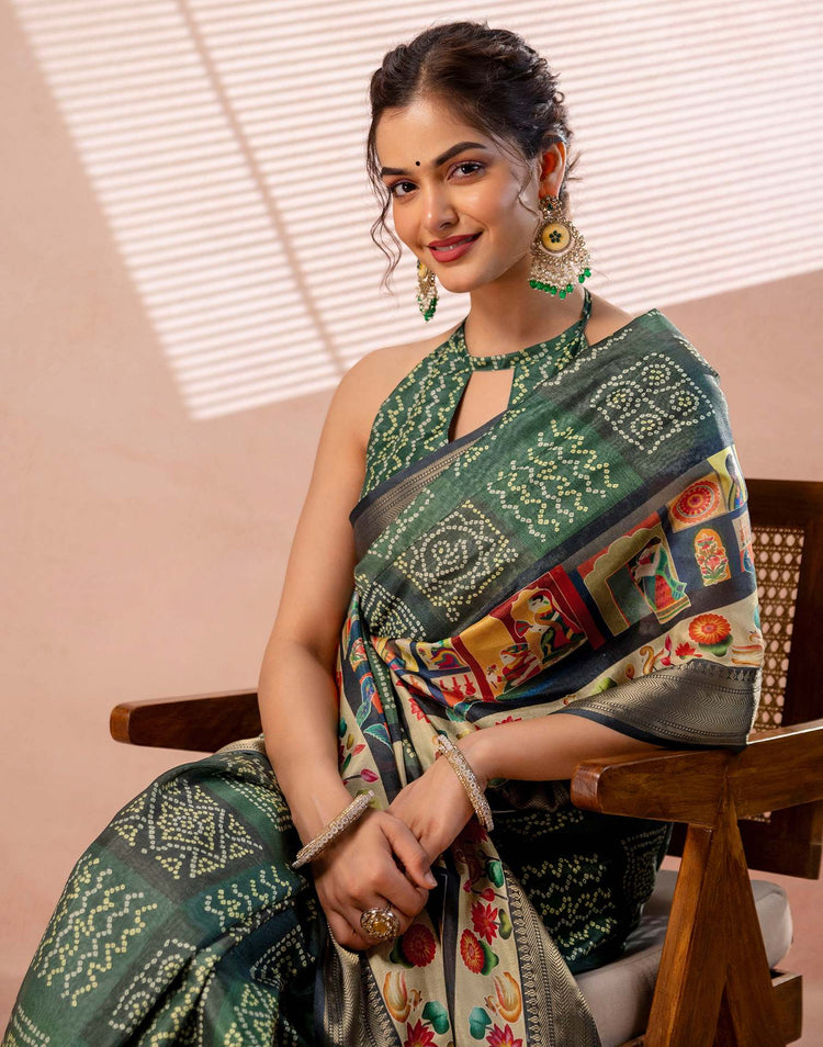Dark Green Silk Woven Border Kalamkari Saree