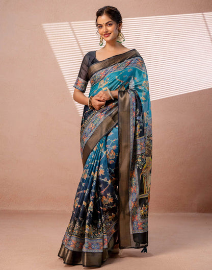 Teal Blue Silk Kalamkari Woven Border Saree