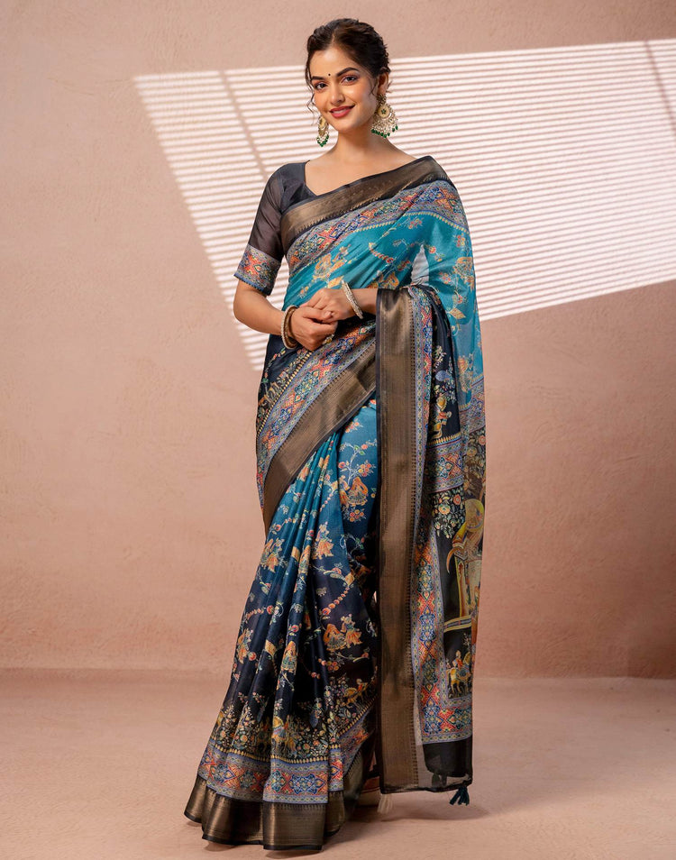 Teal Blue Silk Kalamkari Woven Border Saree