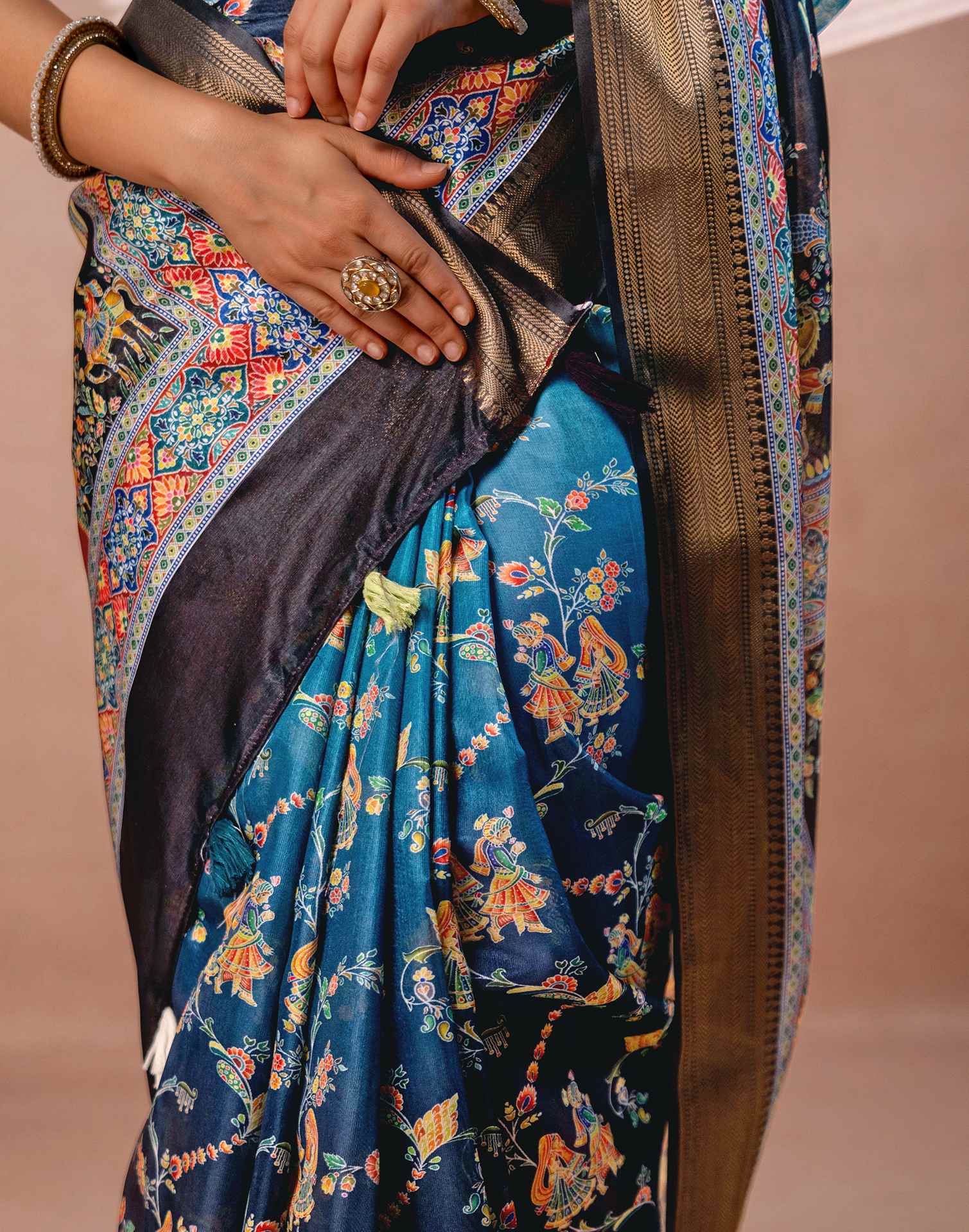 Teal Blue Silk Kalamkari Woven Border Saree