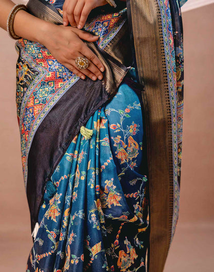 Teal Blue Silk Kalamkari Woven Border Saree