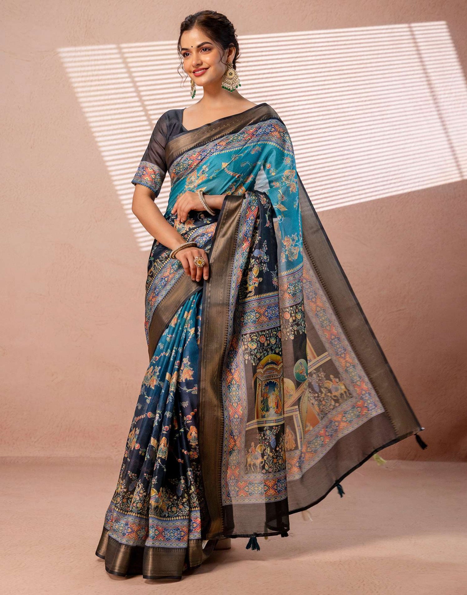 Teal Blue Silk Kalamkari Woven Border Saree