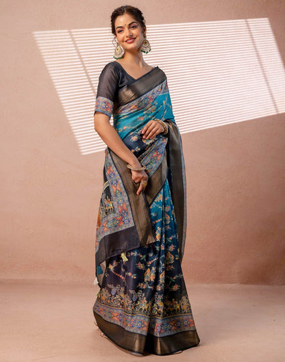 Teal Blue Silk Kalamkari Woven Border Saree