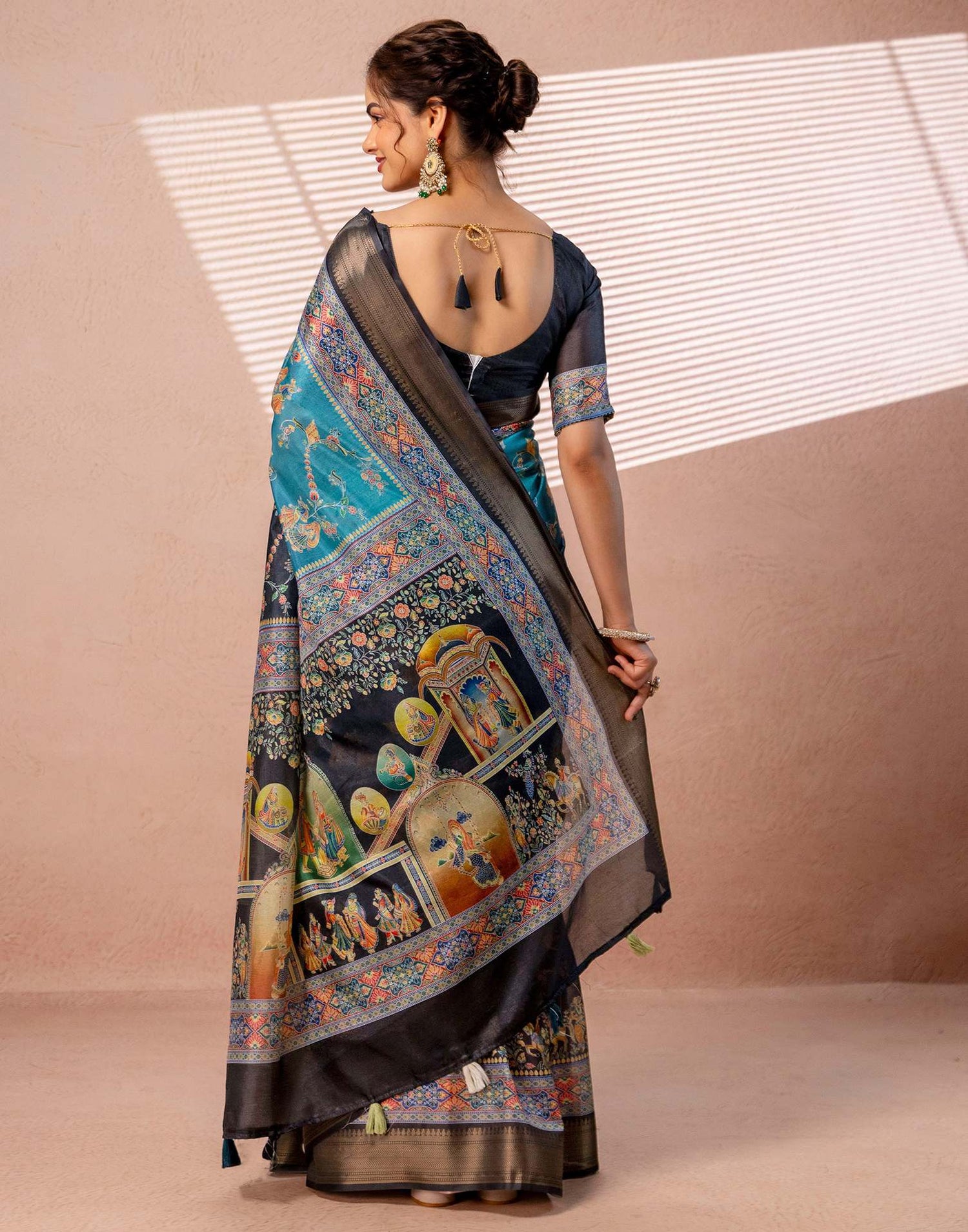 Teal Blue Silk Kalamkari Woven Border Saree