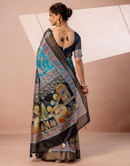 Teal Blue Silk Kalamkari Woven Border Saree