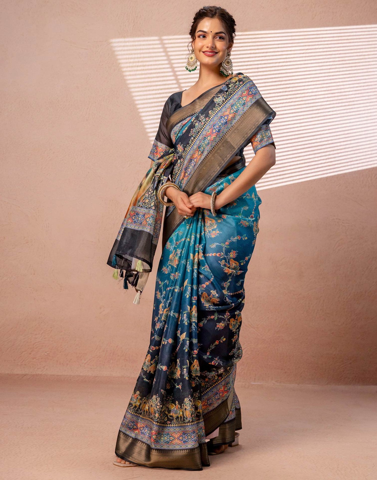 Teal Blue Silk Kalamkari Woven Border Saree