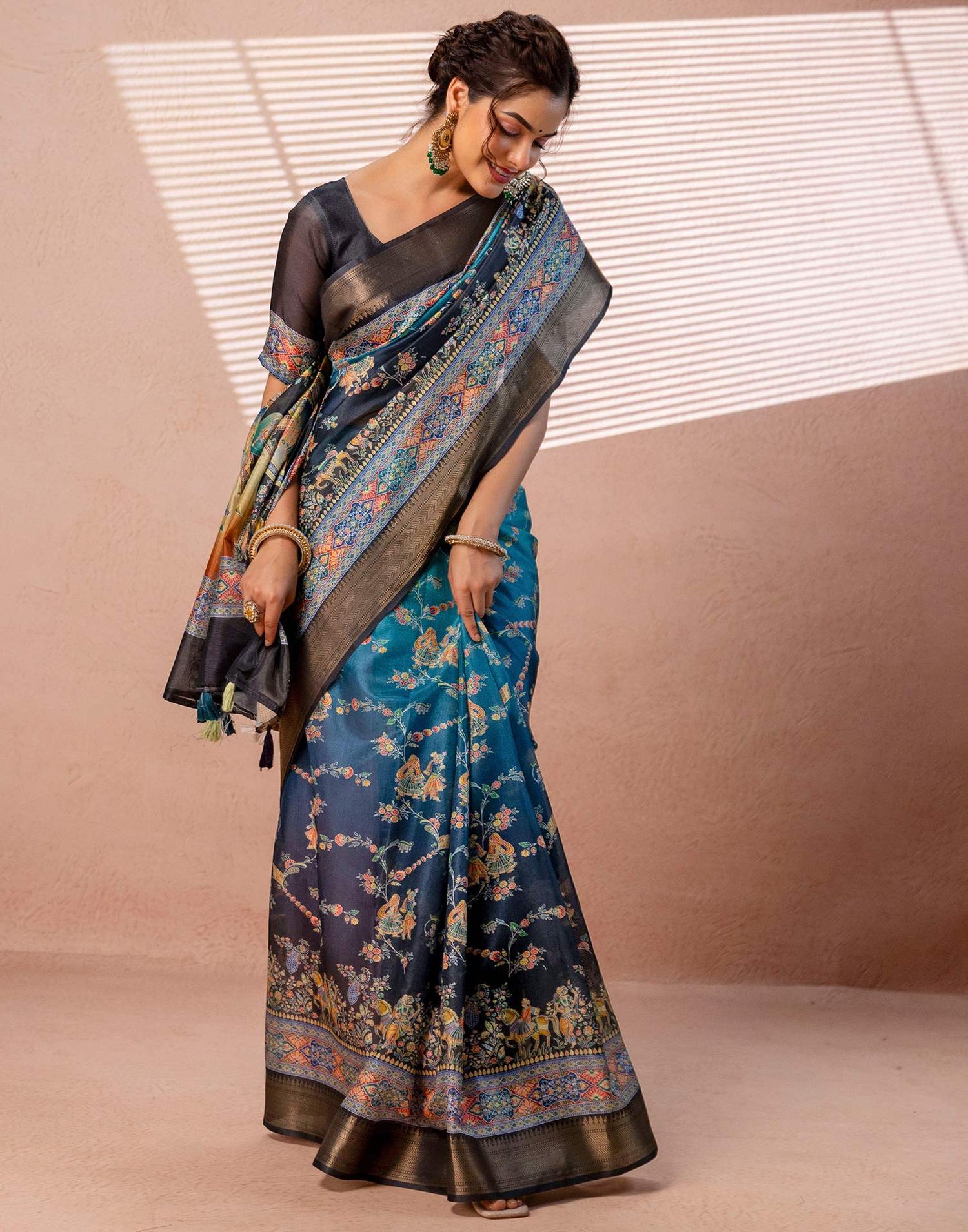 Teal Blue Silk Kalamkari Woven Border Saree