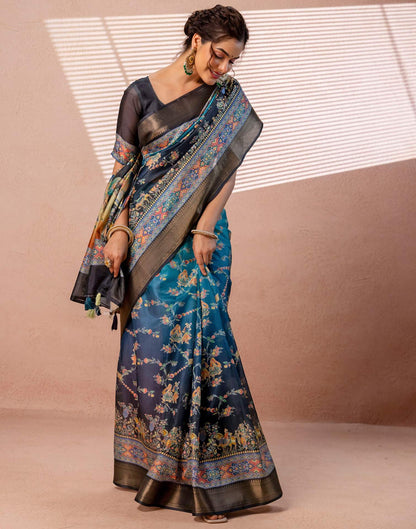 Teal Blue Silk Kalamkari Woven Border Saree