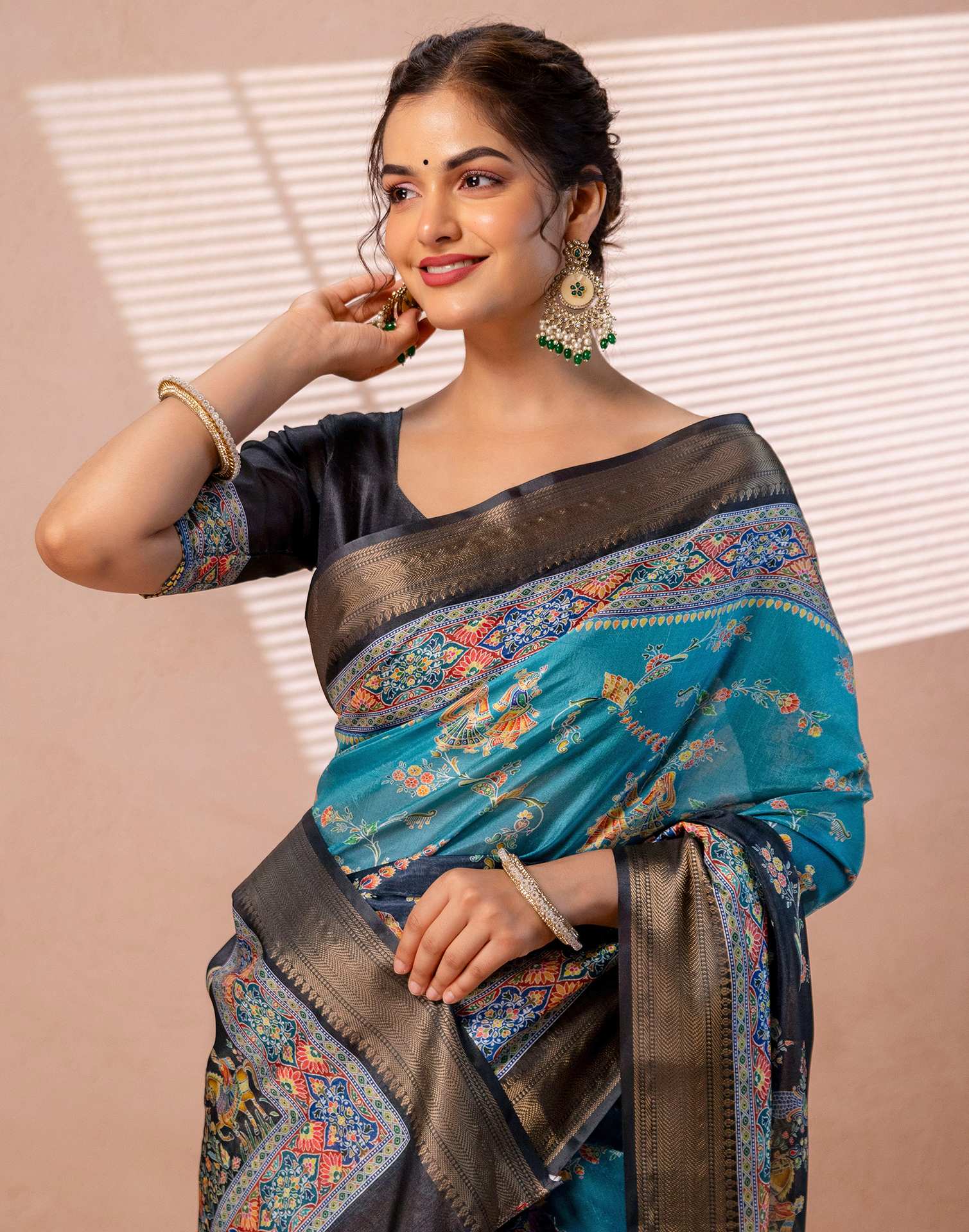 Teal Blue Silk Kalamkari Woven Border Saree