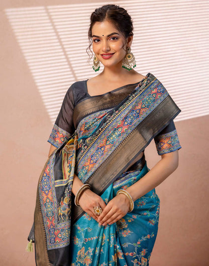 Teal Blue Silk Kalamkari Woven Border Saree