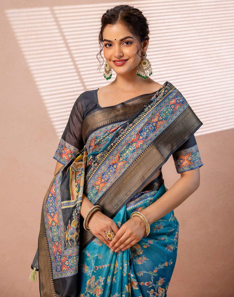 Teal Blue Silk Kalamkari Woven Border Saree