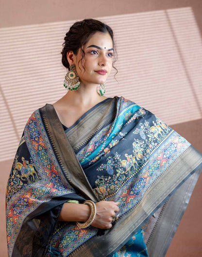 Teal Blue Silk Kalamkari Woven Border Saree