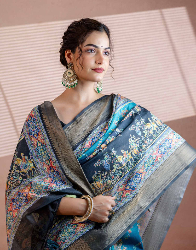 Teal Blue Silk Kalamkari Woven Border Saree