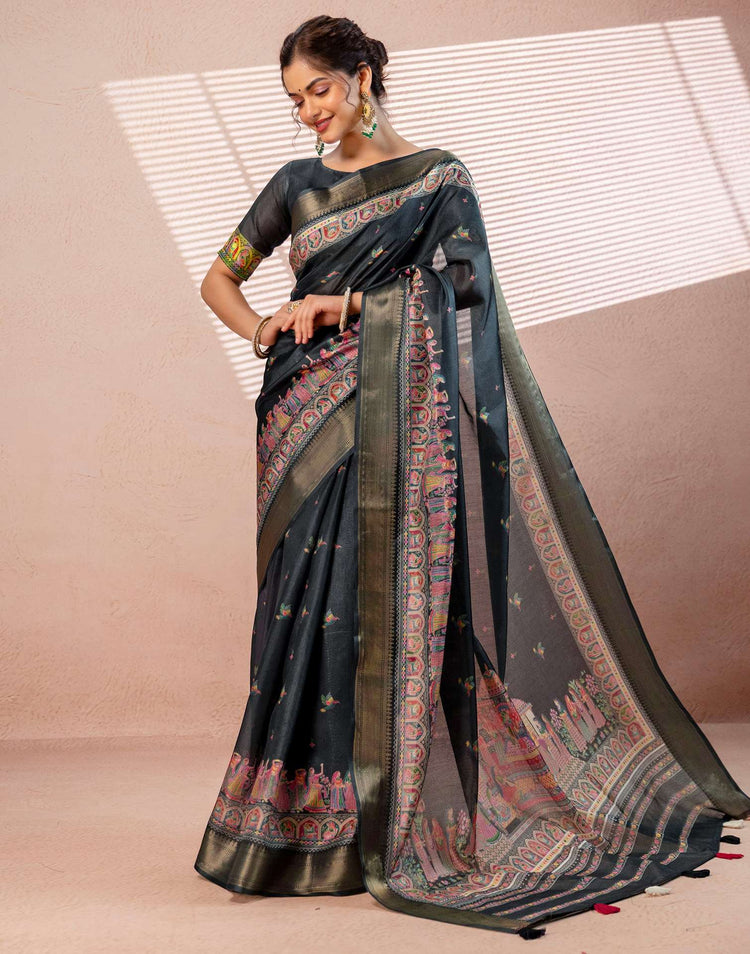 Bottle Green Silk Kalamkari Woven Border Saree