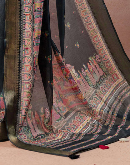 Bottle Green Silk Kalamkari Woven Border Saree