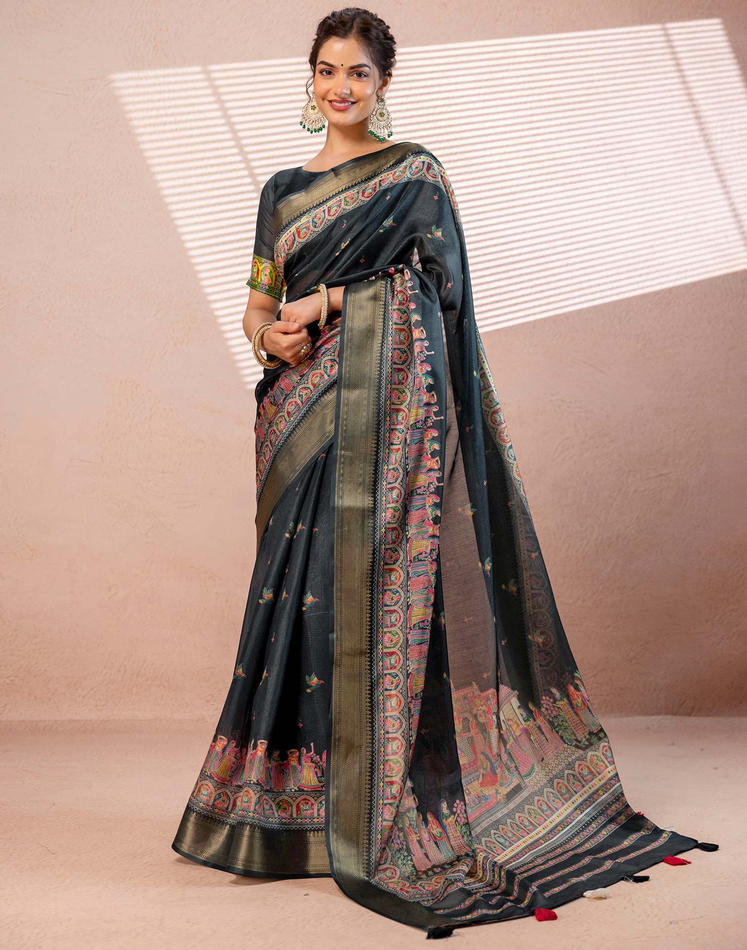 Bottle Green Silk Kalamkari Woven Border Saree
