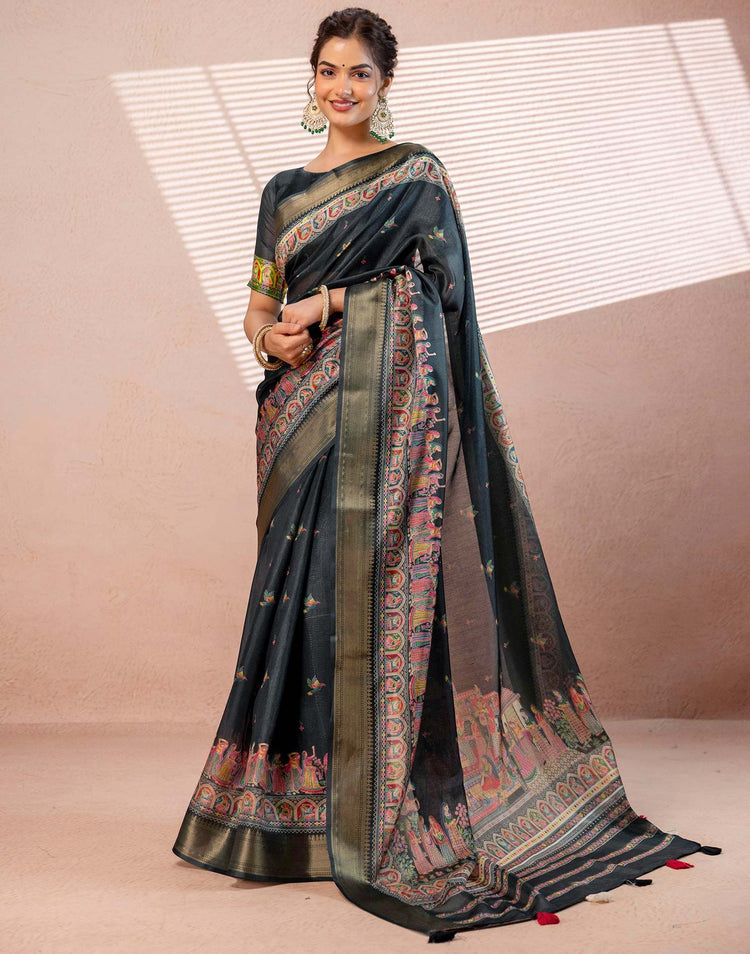 Bottle Green Silk Kalamkari Woven Border Saree
