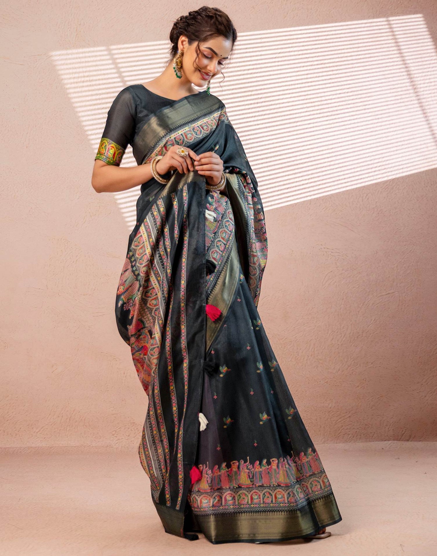 Bottle Green Silk Kalamkari Woven Border Saree