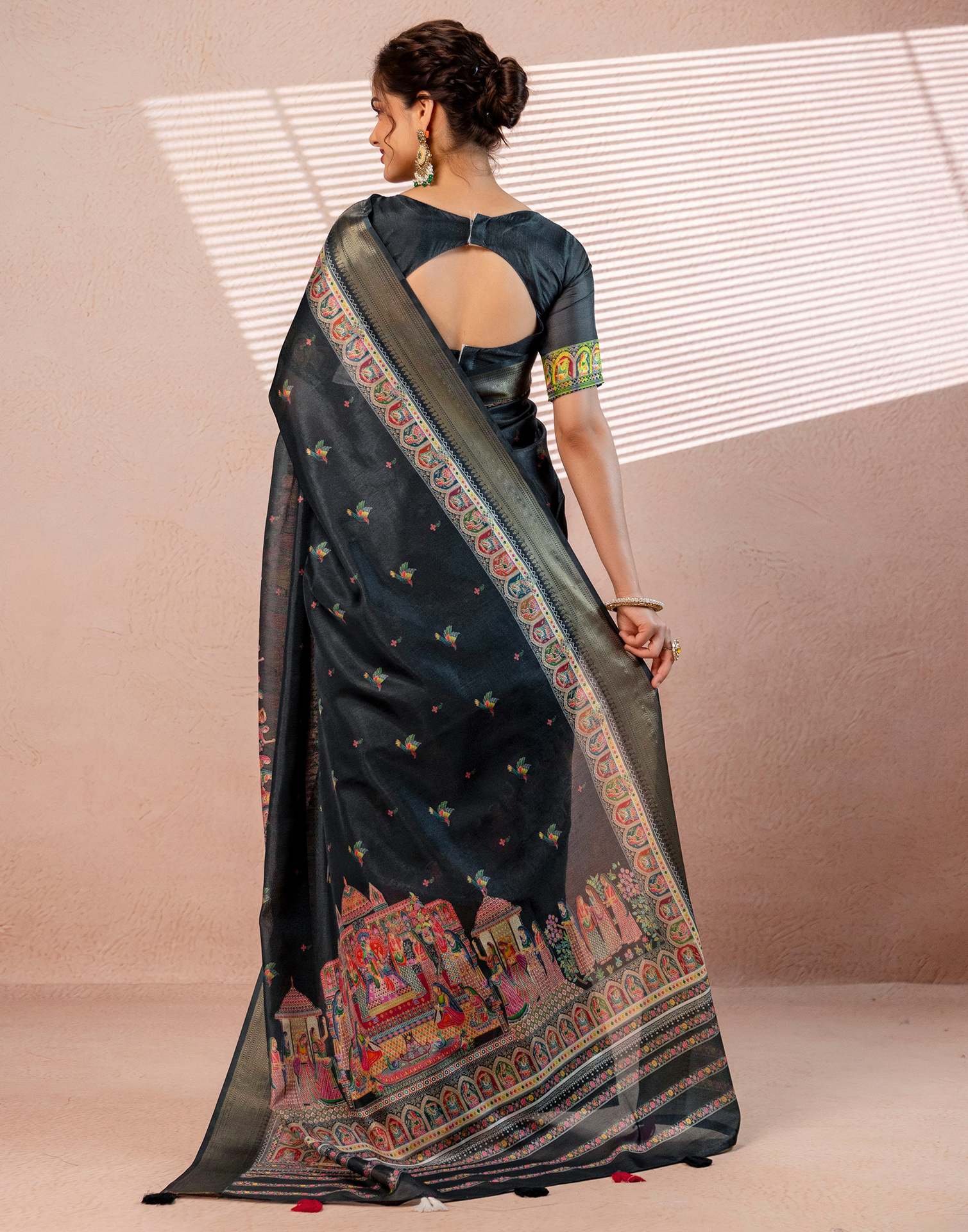 Bottle Green Silk Kalamkari Woven Border Saree