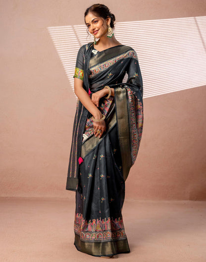 Bottle Green Silk Kalamkari Woven Border Saree