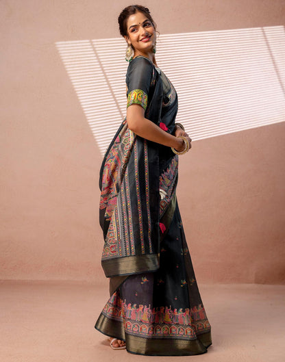 Bottle Green Silk Kalamkari Woven Border Saree