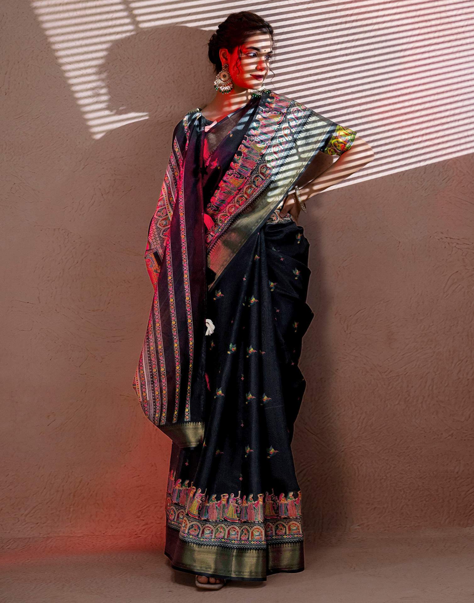 Bottle Green Silk Kalamkari Woven Border Saree