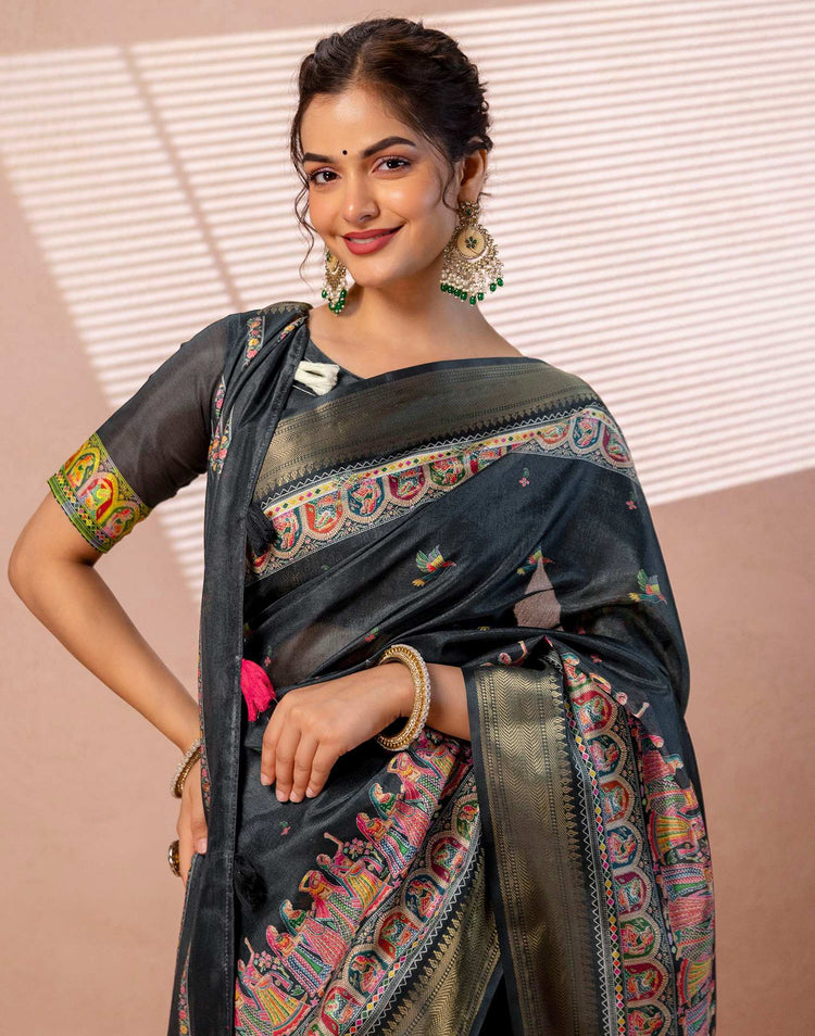 Bottle Green Silk Kalamkari Woven Border Saree