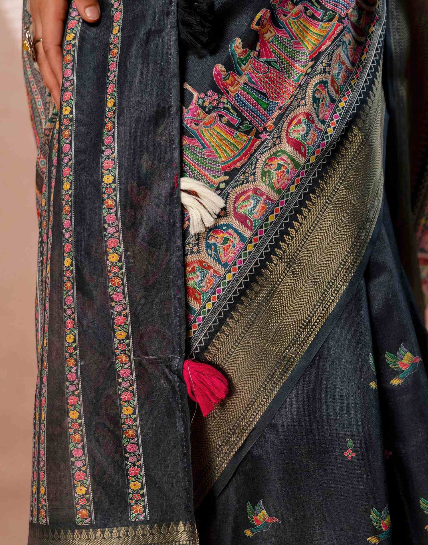 Bottle Green Silk Kalamkari Woven Border Saree