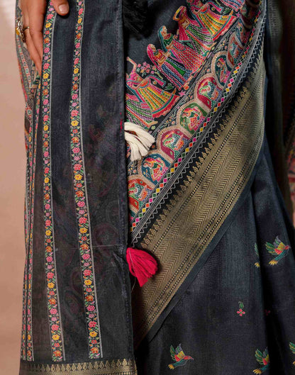 Bottle Green Silk Kalamkari Woven Border Saree