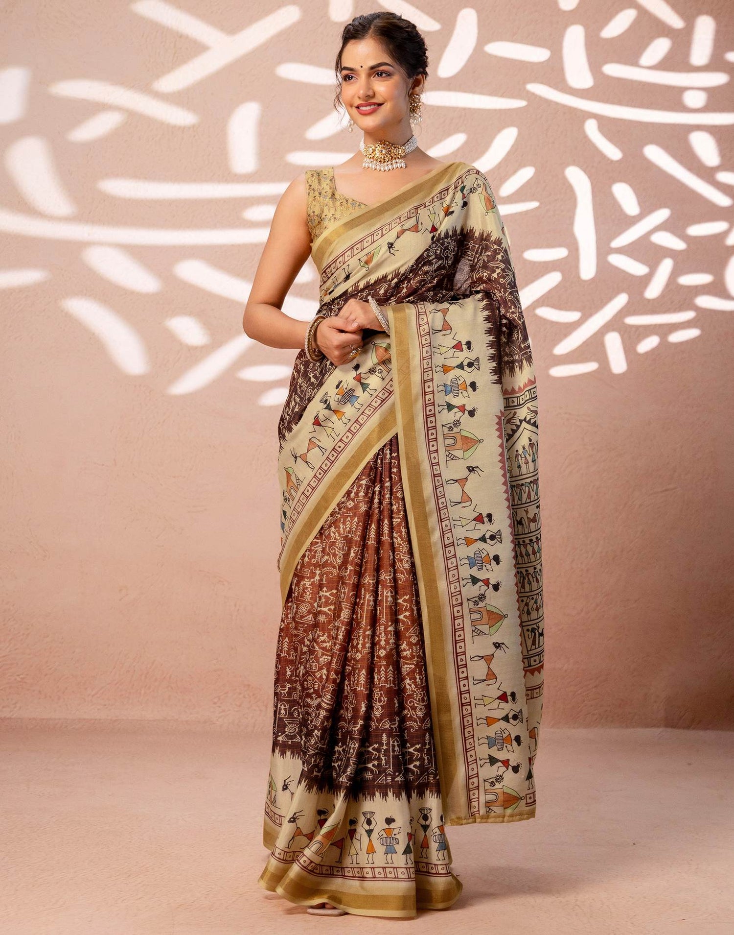 Beige Silk Warli Printed Zari Border Saree