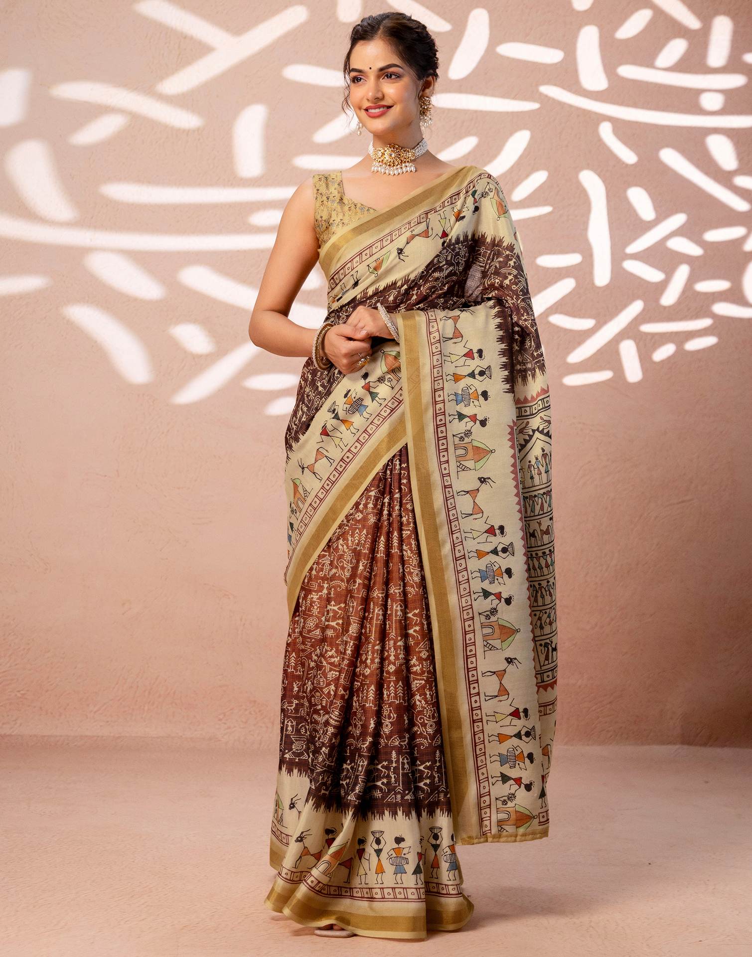Beige Silk Warli Printed Zari Border Saree