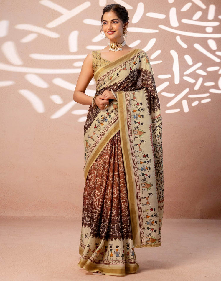 Beige Silk Warli Printed Zari Border Saree