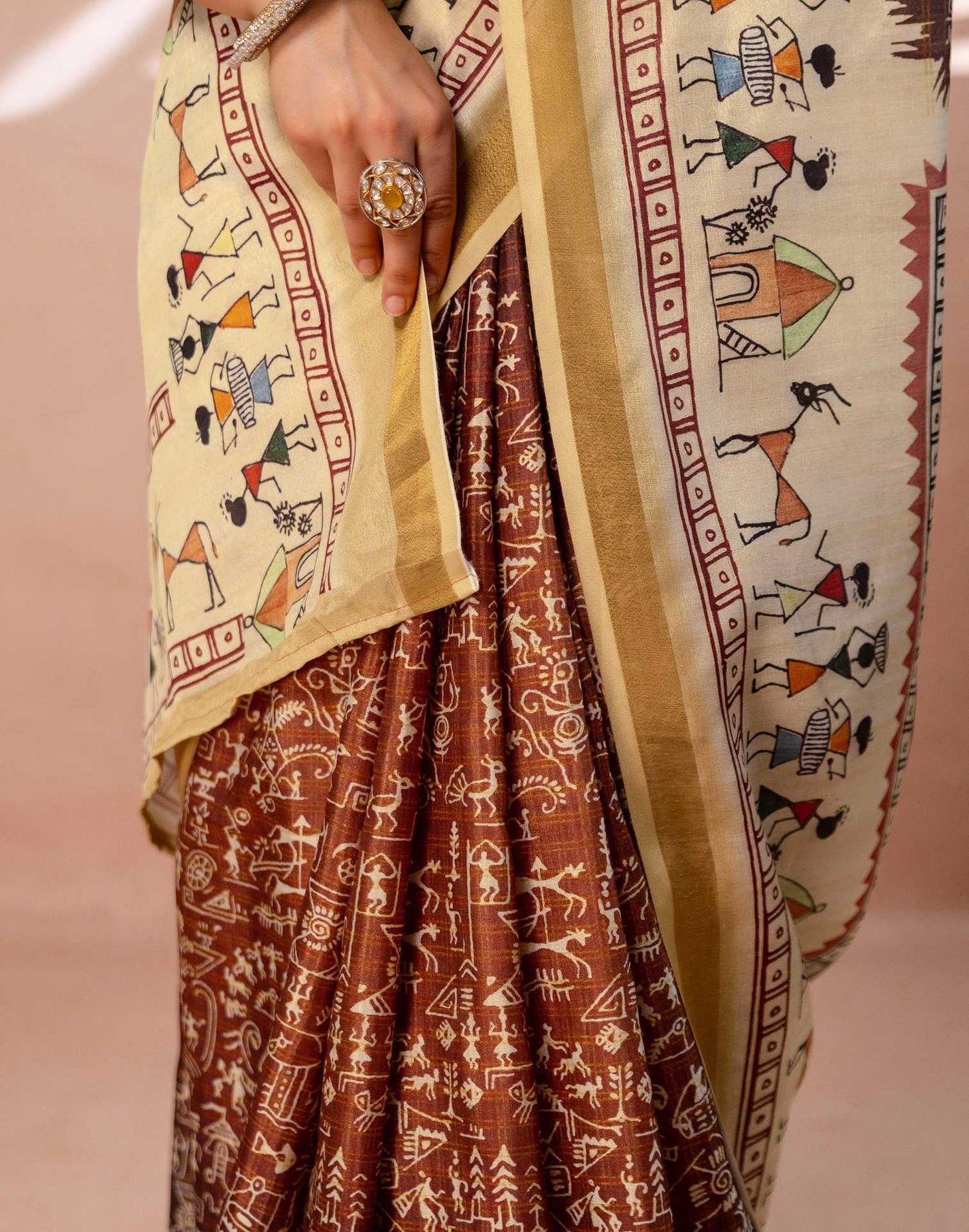 Beige Silk Warli Printed Zari Border Saree