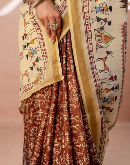 Beige Silk Warli Printed Zari Border Saree