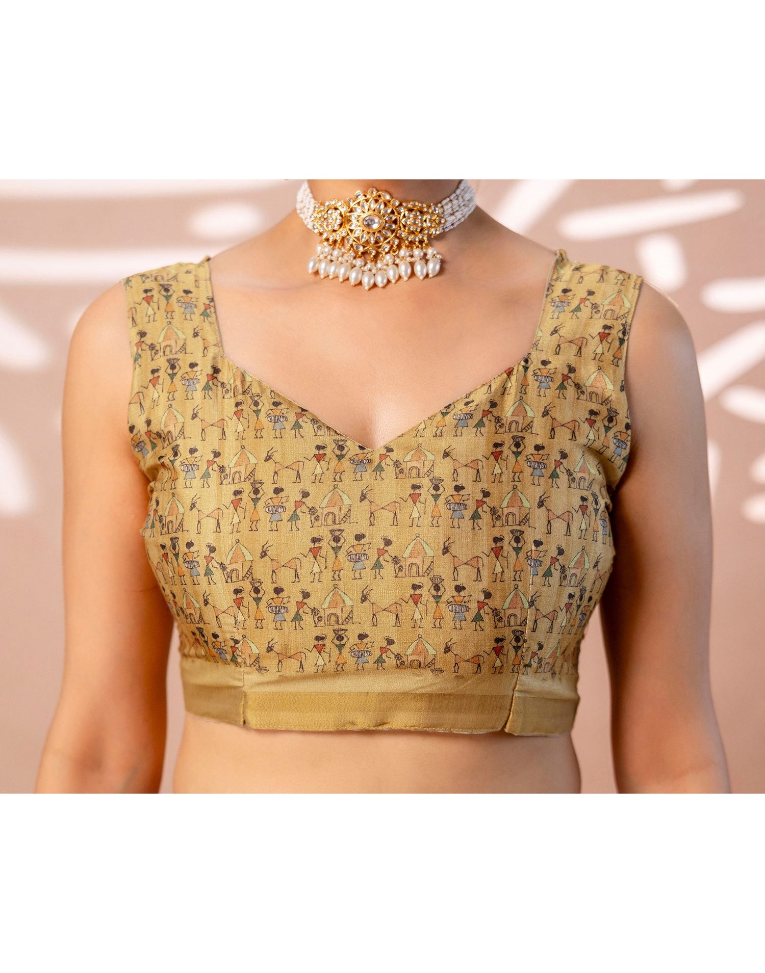 Beige Silk Warli Printed Zari Border Saree