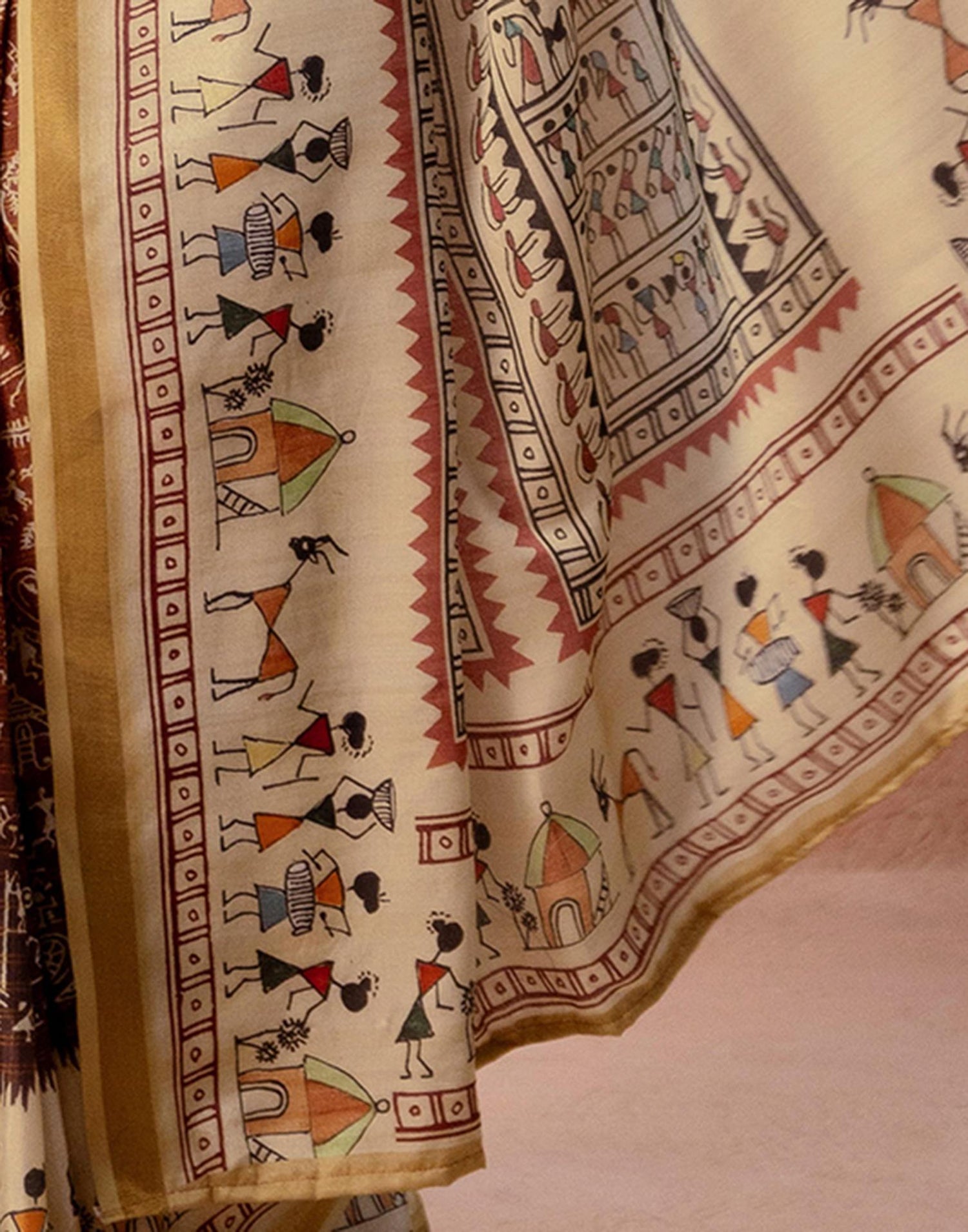Beige Silk Warli Printed Zari Border Saree