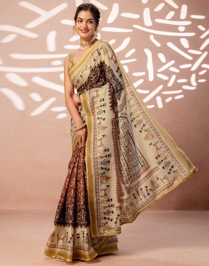 Beige Silk Warli Printed Zari Border Saree