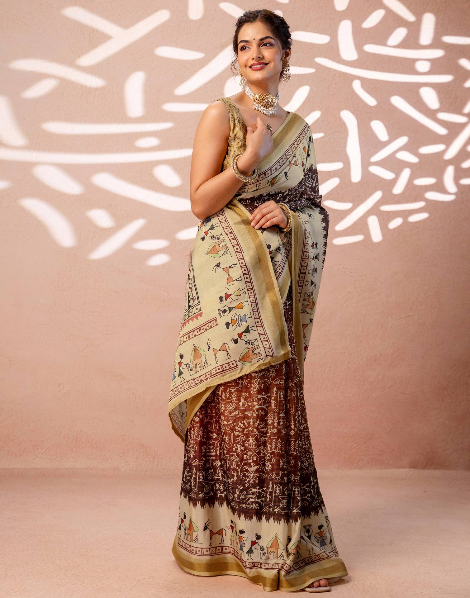 Beige Silk Warli Printed Zari Border Saree