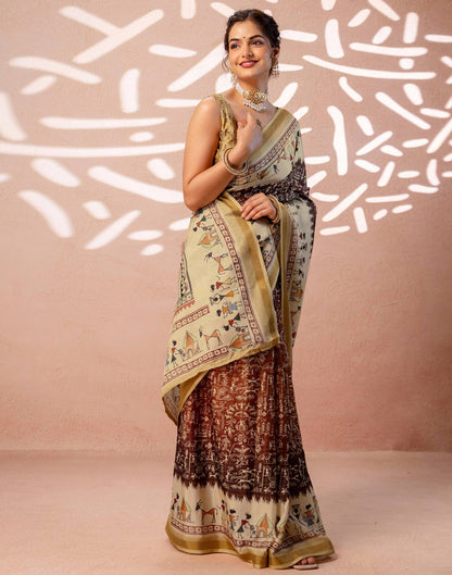 Beige Silk Warli Printed Zari Border Saree