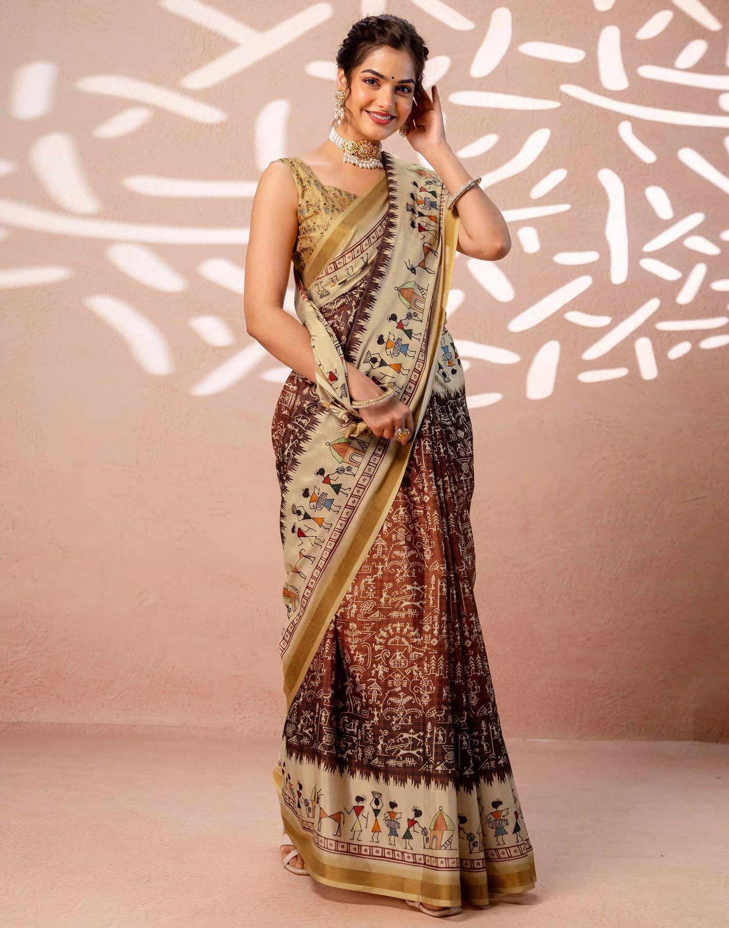 Beige Silk Warli Printed Zari Border Saree