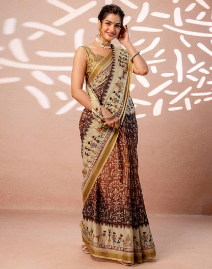 Beige Silk Warli Printed Zari Border Saree