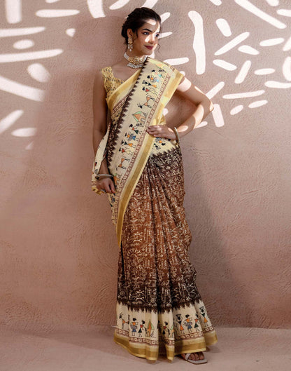 Beige Silk Warli Printed Zari Border Saree