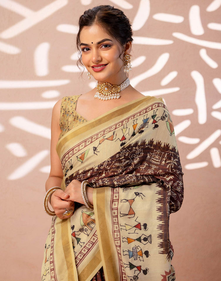 Beige Silk Warli Printed Zari Border Saree