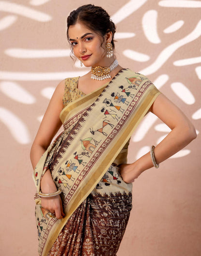 Beige Silk Warli Printed Zari Border Saree