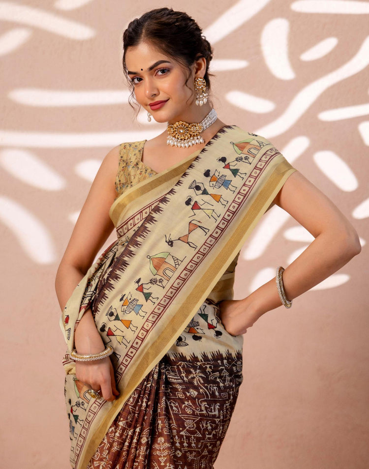 Beige Silk Warli Printed Zari Border Saree