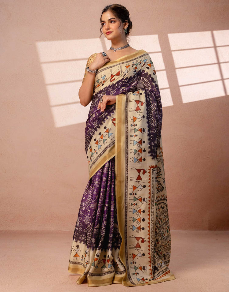 Beige Silk Warli Printed Zari Border Saree