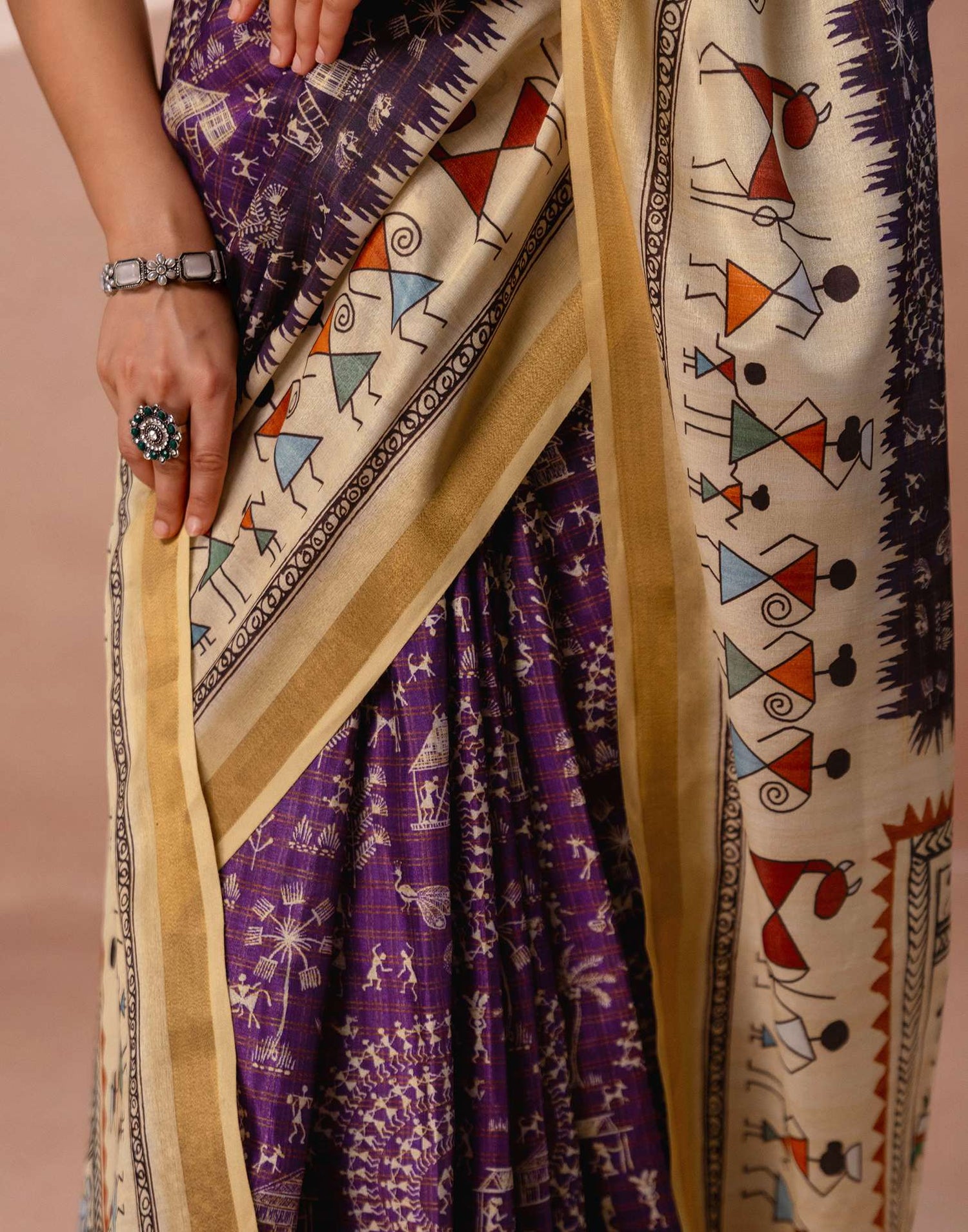 Beige Silk Warli Printed Zari Border Saree